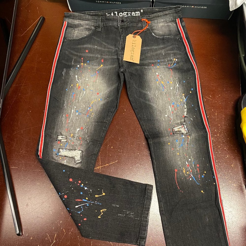 Kilogram Mens Black Multi Paint Splatter Distressed Straight Denim Jeans Size 40